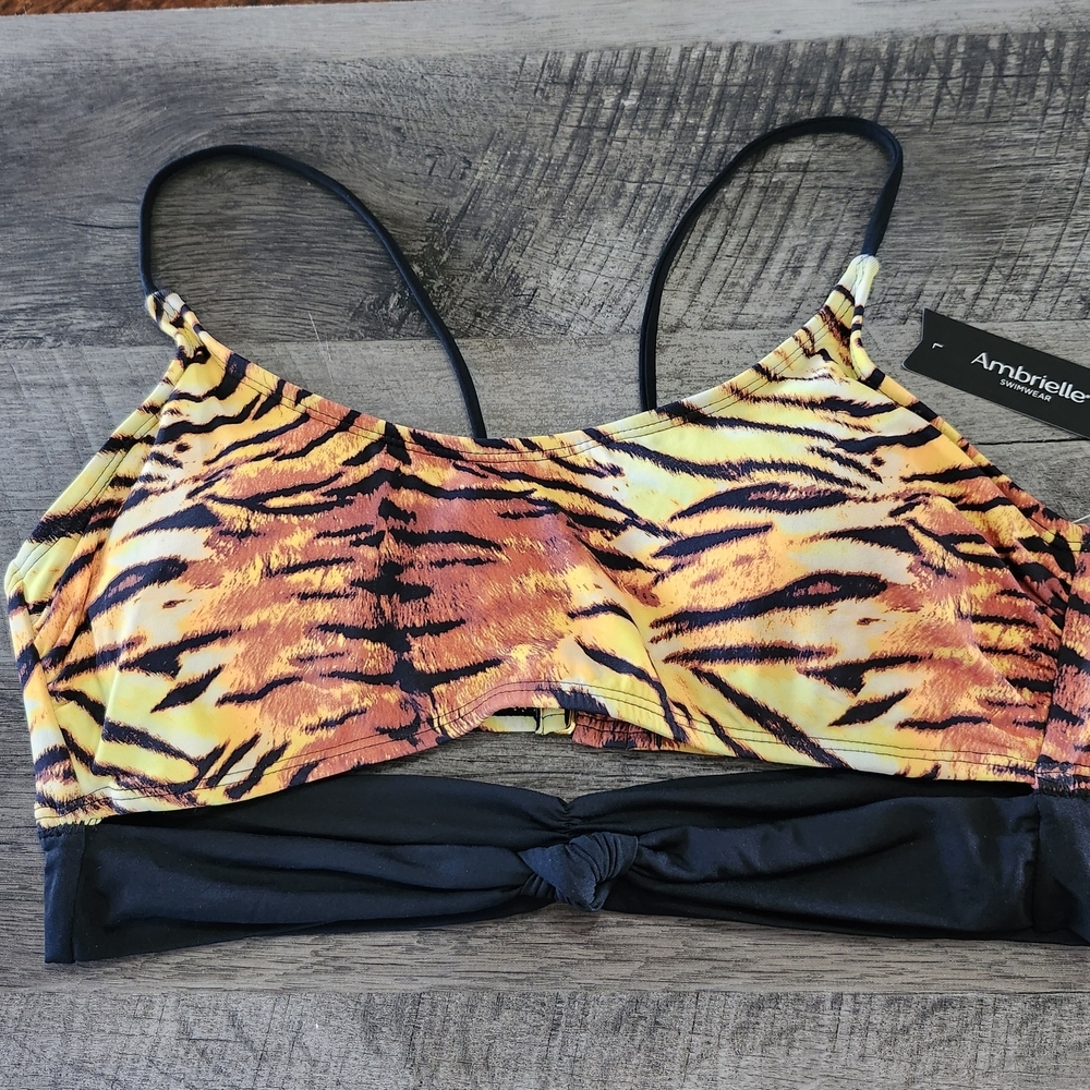 NWT Ambrielle Tiger Animal Print Bralette Style Twist Front Bikini Top Sz L